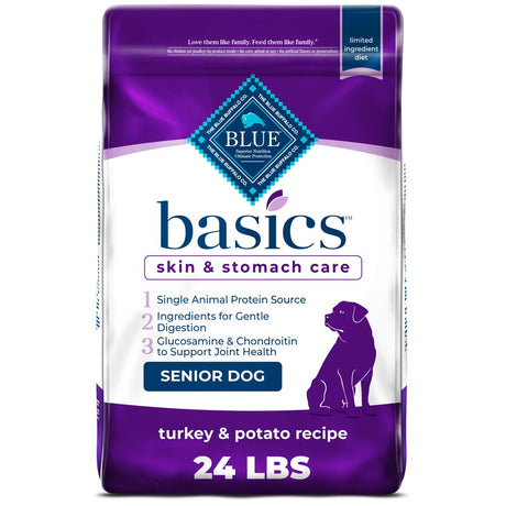 Blue Buffalo Basics Skin & Stomach Care Turkey and Potato Dry Dog Food for Senior Dogs, Whole Grain, 24 Lb. Bag