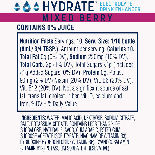 Electrolyte Liquid Drink Enhancer Drops, Low Sugar, Low Calorie, Natural Flavor Hydration Mix with Essential Vitamins B3 B6 B12 (Mixed Berry (2 Pack))