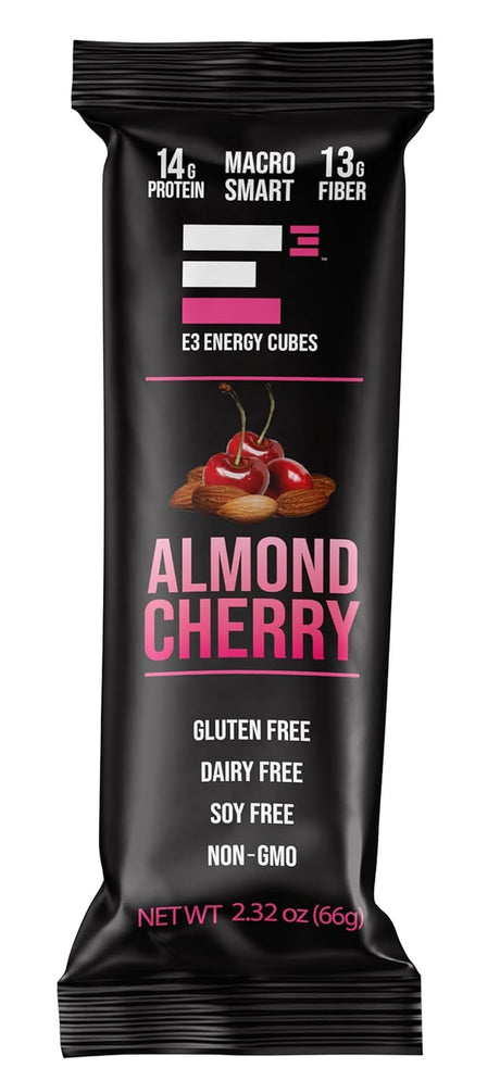 E3 Energy Cubes Almond Cherry Protein Bars, Gluten Free, Dairy Free, Soy Free, All Natural, Non-Gmo, Macro Smart, Pre-Biotic Fiber (Box of 12)