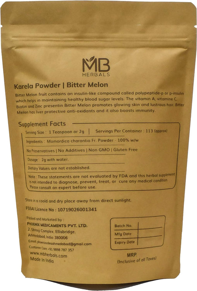 MB Herbals De-Seeded Karela Powder 8 Oz / 227 Gram (0.5 Lb) | 100% Pure Bitter Melon Powder | Momordica Charantia Fr. | No Preservatives Non GMO Gluten Free