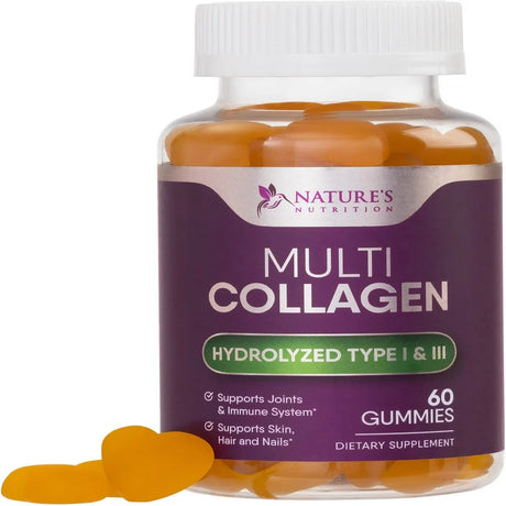 Collagen Gummies with Biotin - Hydrolyzed Collagen Peptides Supplement Types I and III - Support for Hair, Skin, Nails, and Joints - Gluten Free and Non-Gmo - Orange Gummy Vitamins - 60 Capsules