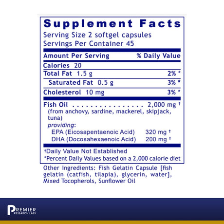 Premier Research Labs EPA/DHA Marine - Supports Heart, Joint & Cardiovascular Health - Fish Oil without Molecular Distillation - Naturally Purified with Cold Filtration - 90 Softgels Capsules