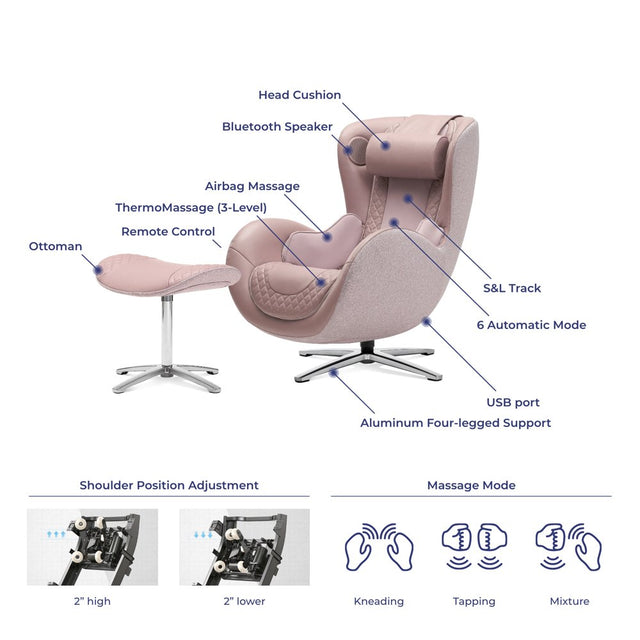 Classic Genuine Leather Massage Chair with Ottoman, Pale Rose