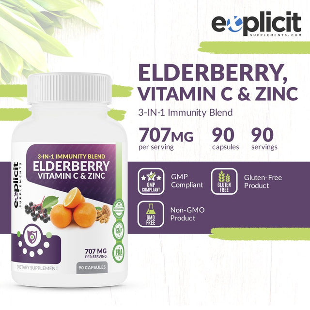 All Natural Elderberry, Vitamin C & Zinc Supplement - Triple Immunity Booster - Extra Strength 3 Month Supply - Supports Immune Health - Made in USA