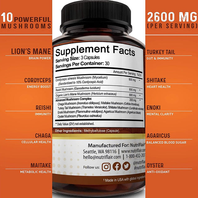 Nutriflair Mushroom Complex Supplement with Lion'S Mane Cordyceps 90 Vegetable Capsules