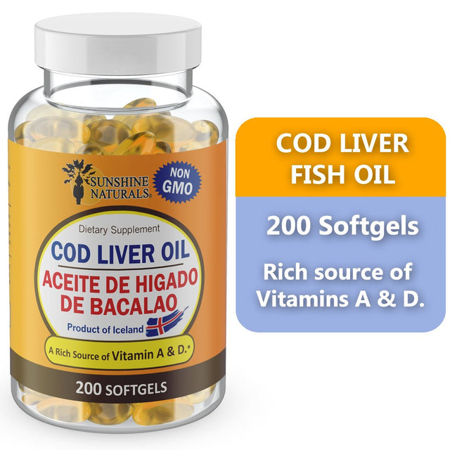 Sunshine Naturals Cod Liver Oil, Aceite De Higado De Bacalao, Immune System Health, Dietary Supplement, 200 Softgels