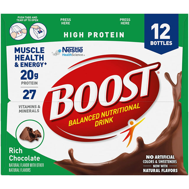 Boost High Protein Balanced Nutritional Drink, Rich Chocolate, Muscle Health & Energy with Protein, Vitamins & Minerals, 25% Less Sugars, 8 FL OZ Bottles, 12 CT