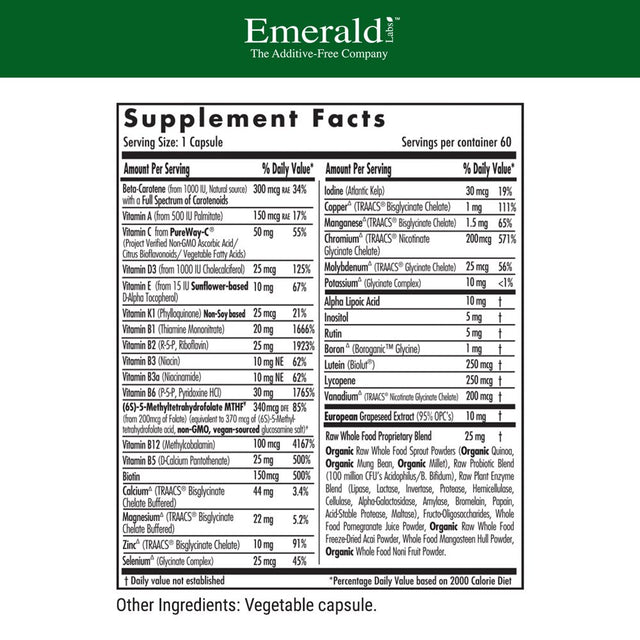 Emerald Labs Women'S 1-Daily Multi - Complete Daily Multivitamin with Vitamin B, Calcium, Grapeseed Extract to Support Adrenal Function, Energy Levels, Hormonal Support - 60 Vegetable Capsules