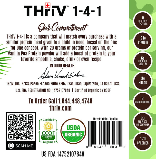 Thriv Nutrition - Organic Plant Based Protein Powder, Chocolate or Vanilla, Vegan, Gluten-Free, Non-Gmo, Dairy Free, (2.5Lb/1,140G) Powder (Vanilla)