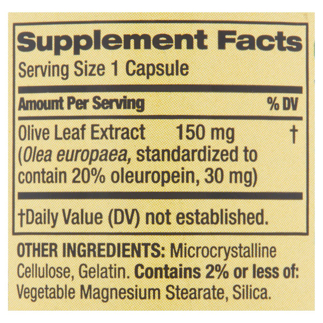 Spring Valley Standardized Extract Olive Leaf Herbal Supplement Capsules, 150 Mg, 60 Count