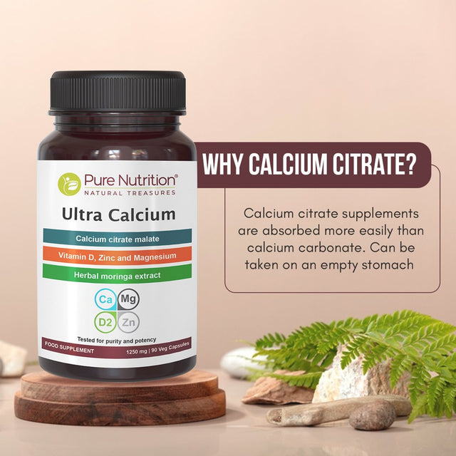 Pure Nutrition Ultra Calcium Citrate 1250 Mg | Highly Absorbable Calcium Supplement with Calcium Citrate Malate, Vitamin D, Magnesium and Zinc | 1 Tab Daily | Non-Gmo | Gluten-Free |180 Veg Tabs