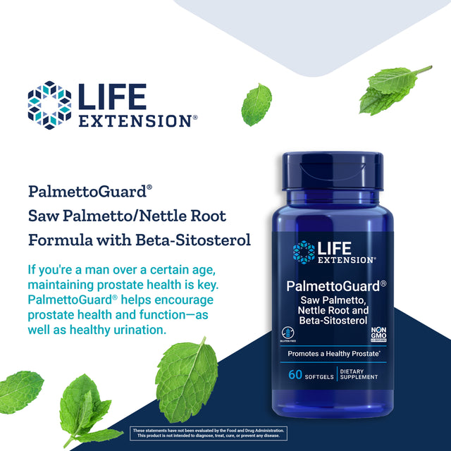 Life Extension Palmettoguard® Saw Palmetto, Nettle Root and Beta-Sitosterol - Supports Healthy Prostate Function & Hormone Metabolism - Gluten-Free, Non GMO - 60 Softgels