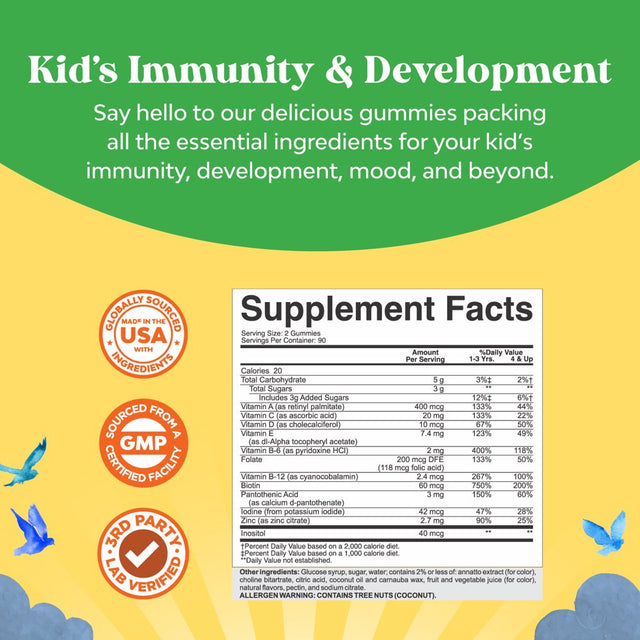 Plant Based Kids Multivitamin Gummies - Multivitamin for Kids Immunity Support Gummies with Vitamins a C D3 E B and Zinc Gelatin and Gluten Free Non-Gmo Kids Vitamins Gummy Multivitamin Formula 180Ct