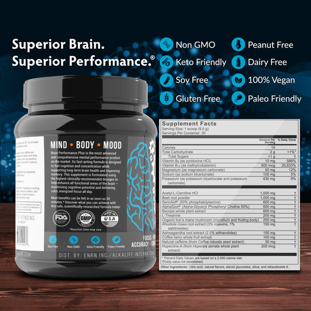 Alkalife Brain Performance plus – First Alkaline Enhancing Nootropic to Maximize Cognitive Potential, Boost Memory, Focus and Mental Clarity, and Support Overall Brain Health – 10Oz