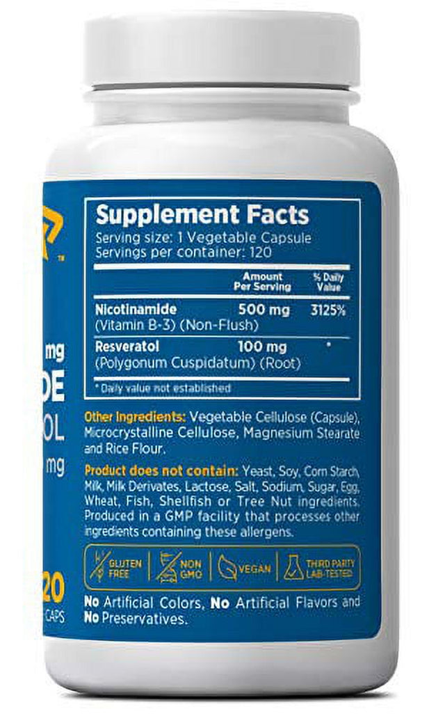 Nicotinamide 500 Mg with Resveratrol 100 Mg 120 Veggie Capsules - Vitamin B3 No-Flush, Non-Gmo, Gluten-Free, Made in USA