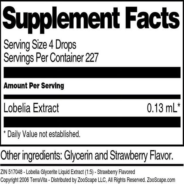 Terravita Lobelia Glycerite Liquid Extract (1:5) - Strawberry Flavored, (Strawberry, 1 Oz, 1-Pack, Zin: 517048)