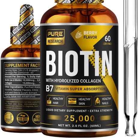 Biotin & Collagen 25,000Mcg Hair Growth Liquid Drops, Supports Strong Nails, Glowing Skin, Healthy Hair Growth. 3X More Absorption than Capsules & Pills