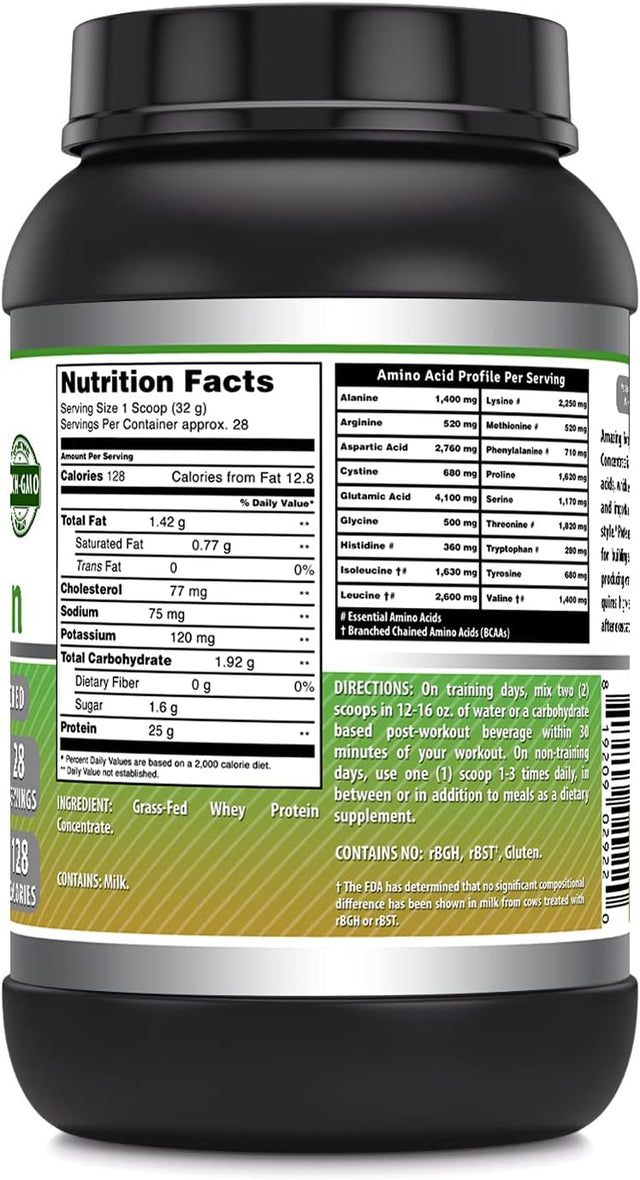 Amazing Formulas Grass FED Whey Protein (Non-Gmo, Gluten Free) -Made with Natural Sweetener and Flavor - Rbgh & RBST Free -Supports Energy Production & Muscle Growth (Unflavored, 2 Lb)