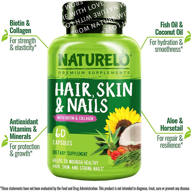 NATURELO Hair, Skin and Nails Vitamins - 5000 Mcg Biotin, Collagen, Natural Vitamin E - Supplement for Healthy Skin, Hair Growth for Women and Men – 60 Capsules