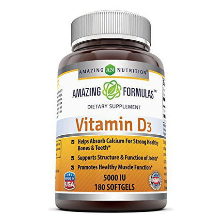 Amazing Nutrition Amazing Formulas Vitamin D3- 5,000 IU, 180 Softgels- Important Vitamin for Optimal Body Function- Supports Bone Health, Cardiovascular Health, Kidney Function and Over-All Well-Being