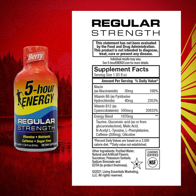 5-Hour ENERGY Shots Regular Strength | Berry Flavor | 1.93 Oz. 30 Count | Sugar Free 4 Calories | Amino Acids and Essential B Vitamins | Dietary Supplement | Feel Alert and Energized