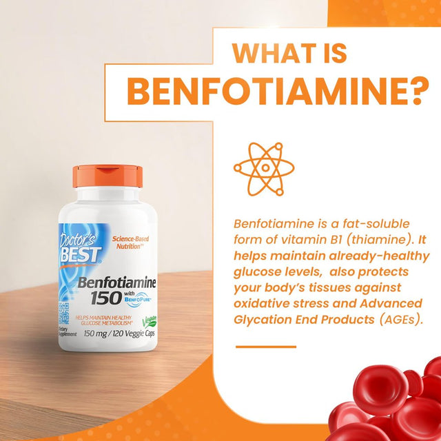 Doctor'S Best Benfotiamine 150 with Benfopure, Helps Maintain Healthy Glucose Metabolism, Non-Gmo, Vegan, Gluten Free, Soy Free, 150 Mg, 120 Veggie Caps Unflavored 120VC