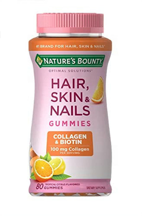 Nature'S Bounty Hair, Skin & Nails with Biotin and Collagen, Citrus-Flavored Gummies Vitamin Supplement, Supports Hair, Skin, and Nail Health for Women, 2500 Mcg, 80 Count