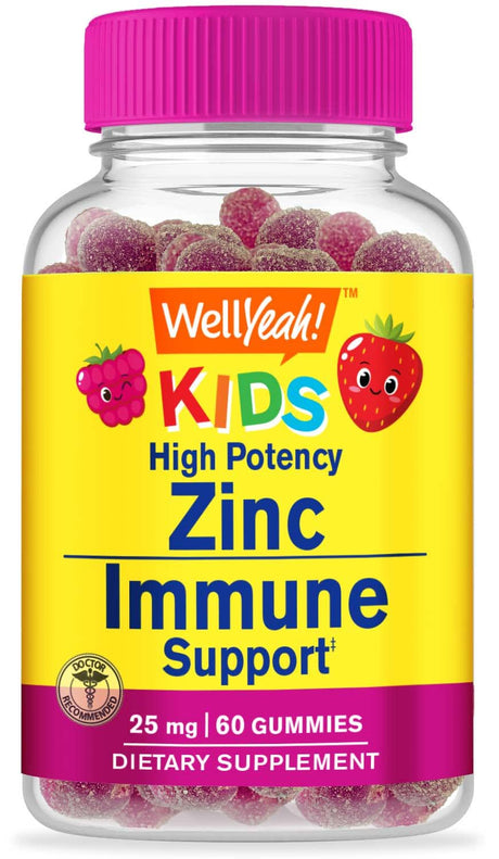 Well Yeah Zinc for Kids 25Mg Gummies - Immune System and Antioxidant Support - Skin Health, Maximum Strength Children Zinc Supplement Immune Booster Gummy - Gmo-Free, Vegan, Gluten Free - 60