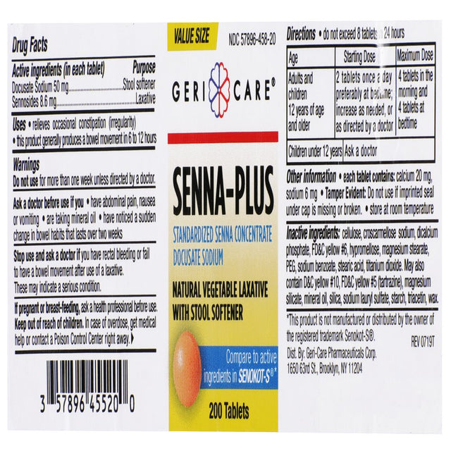 Gericare Senna plus Natural Laxative with Stool Softener, Docusate Sodium 50Mg, Sennosides 8.6Mg, (200 Tablets)