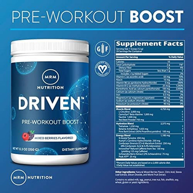 MRM Nutrition Driven Pre-Workout Powder | Blood Orange Flavored | 125Mg Caffeine | Pure Ingredients| Muscle + Hydration + Energy Blends | Performance Energy | Vegan + Gluten-Free | 29 Servings