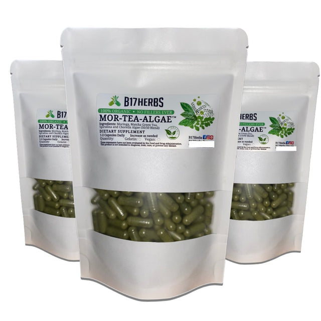 Mor-Tea-Algae | Moringa | Matcha Green Tea | Spirulina | Chlorella | Organic | Dried Herbal Vegan Caps | Energy | Superfood - B17 Herbs Bulk Purchase