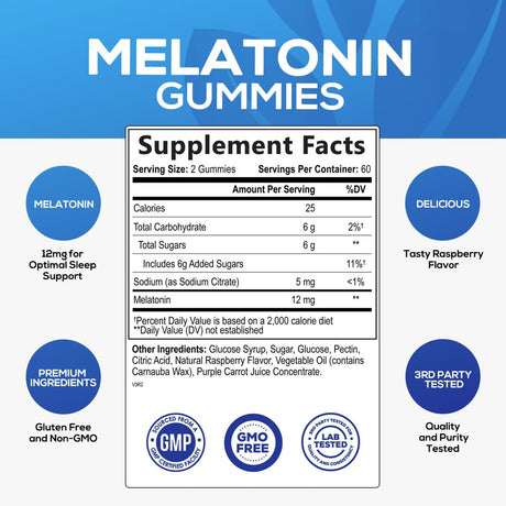 Sleep Melatonin Gummies, Extra Strength Natural Melatonin Gummy 12Mg, Nature'S Berry Flavor, Sleep Support Vitamin Supplement for Adults, Non-Gmo, Vegan - 120 Sleep Gummies, 60 Day Supply