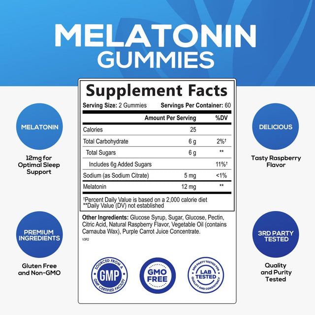 Sleep Melatonin Gummies, Extra Strength Natural Melatonin Gummy 12Mg, Nature'S Berry Flavor, Sleep Support Vitamin Supplement for Adults, Non-Gmo, Vegan - 120 Sleep Gummies, 60 Day Supply