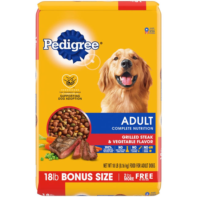 (4 Pack) PEDIGREE Complete Nutrition Grilled Steak & Vegetable Dry Dog Food for Adult Dog, 18 Lb. Bag