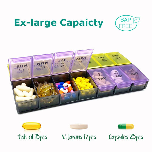 Mossime XL Large Daily Pill Organizer 2 Times a Day, 7 Day Pill Box Am Pm, Weekly Day Night Vitamin Holder, Medicine Organizer, Big Pill Container, Medication Dispenser 14 Compartments