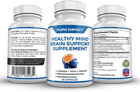 Pack of 2 L Glutamine Capsules Brain Supplement | Memory Pills for Brain | Brain Booster Supplement for Focus Memory Clarity Energy | Vitamin B12 Supplement by Pure Impact Nutrition