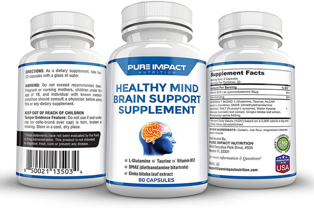 L Glutamine Capsules Brain Supplement | Memory Pills for Brain | Brain Booster Supplement for Focus Memory Clarity Energy | Vitamin B12 Supplement by Pure Impact Nutrition