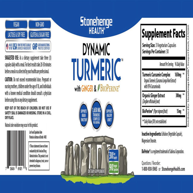 Stonehenge Health Dynamic Turmeric Curcumin Ginger Highest Potency Available. 1,650 Mg Turmeric with 95% Curcuminoids & Bioperine®. Supports Joint Health, 90 Vegetarian Capsules (1 Pack)