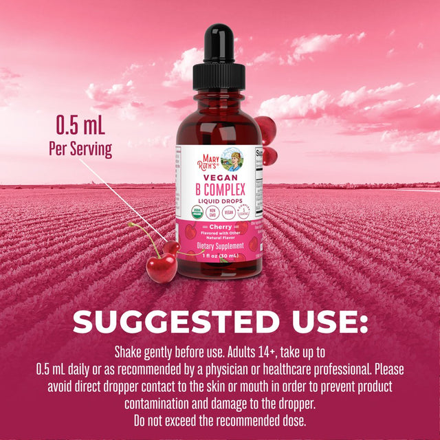 Maryruth Organics | USDA Organic Vegan Vitamin B Complex Liquid Drops | Cherry Flavor | Vegan, Non-Gmo | 1 Fl Oz / 30 Ml