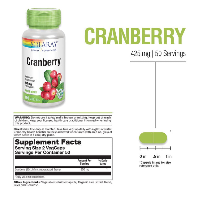 Solaray Cranberry Berry 850 Mg | Healthy Urinary Tract and Cardiovascular Function Support | 50 Servings | 100 Vegcaps