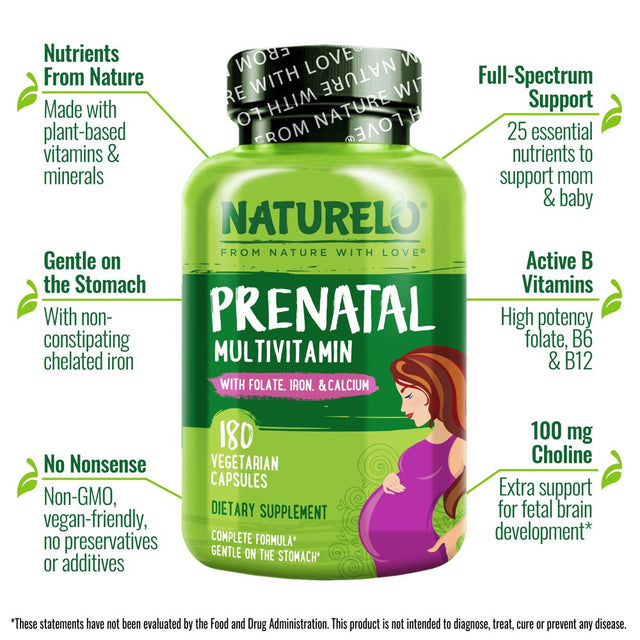 NATURELO Prenatal Multivitamin with Gentle Chelated Iron, Methyl Folate, Plant Calcium & Choline - Vegan, Vegetarian - Non-Gmo - Gluten Free - 180 Capsules