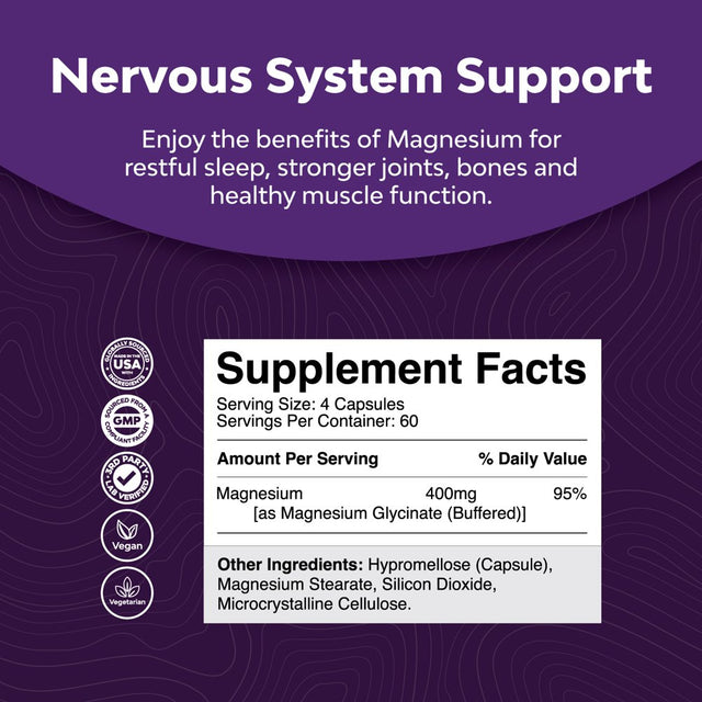 Chelated Pure Magnesium Glycinate - High Absorption Magnesium Glycinate 400Mg per Serving for Calming Sleep plus Muscle Bone and Immune Support with Vegan 400Mg Elemental Magnesium Buffered Chelate