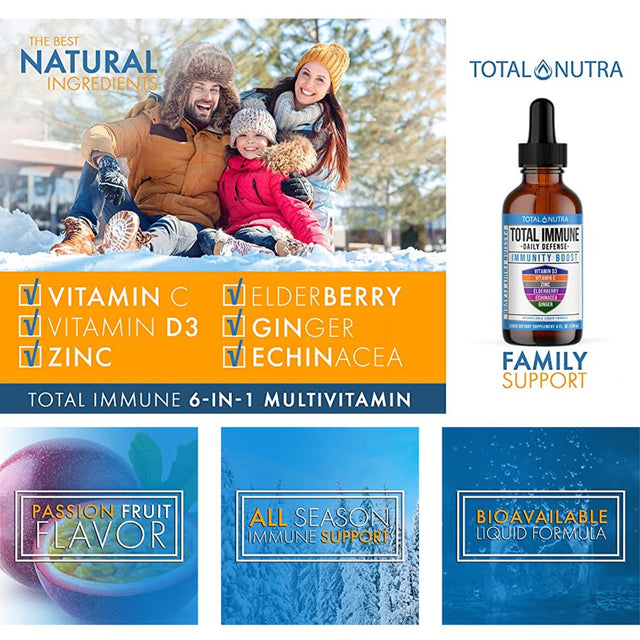 Total Nutra 6-In-1 Liquid Multivitamin Supplement - Immunity Drops - Elderberry, Echinacea & Ginger Defense Support for Adults & Kids - 4 Oz. Passion Fruit.