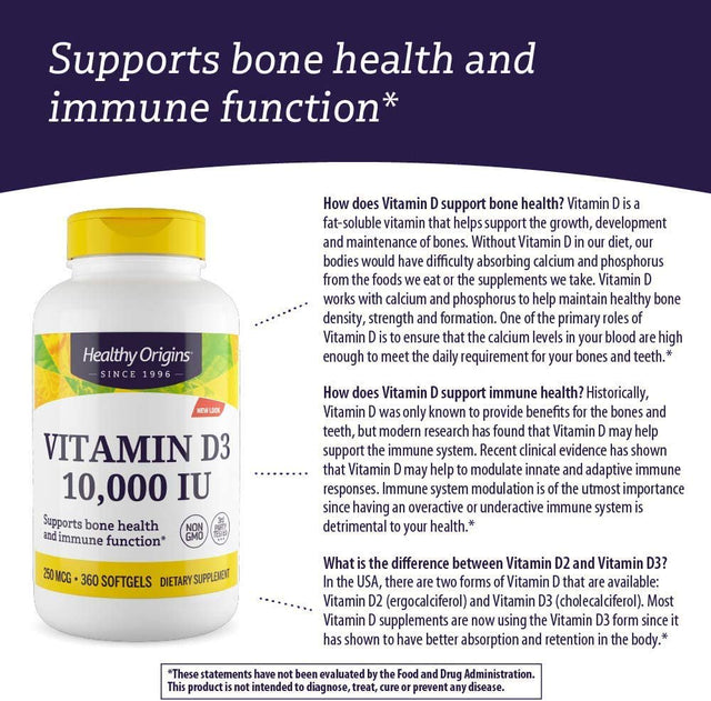 Healthy Origins Vitamin D3 10,000 IU (Non-Gmo, High Potency, Bone Support, Immune Support, Gluten Free), 360 Softgels