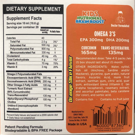 Cover Three Kids Brain Supplement Smoothie, Omega 3 Liquid Childrens DHA Fish Oil - Mental, Emotional, Physical Health - Focus and Attention, Heart, Vision Support, 20 Pouches (Orange) 6.74 Fl Oz (Pack of 1)