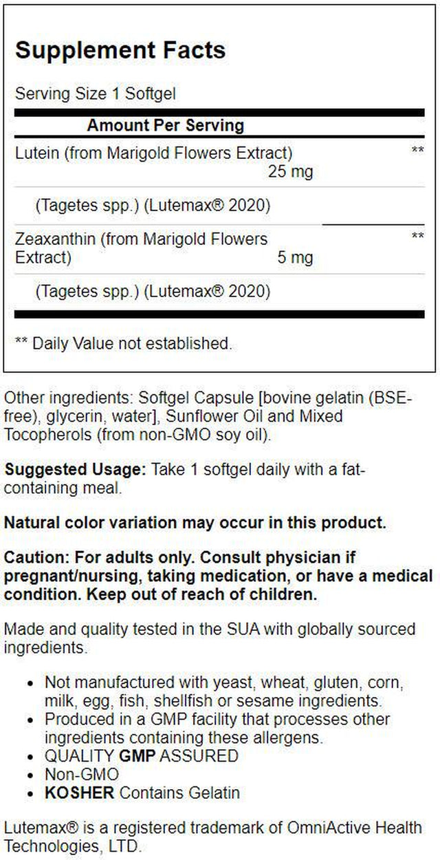 NOW Supplements, Lutein & Zeaxanthin with 25 Mg Lutein and 5 Mg Zeaxanthin, 60 Softgels