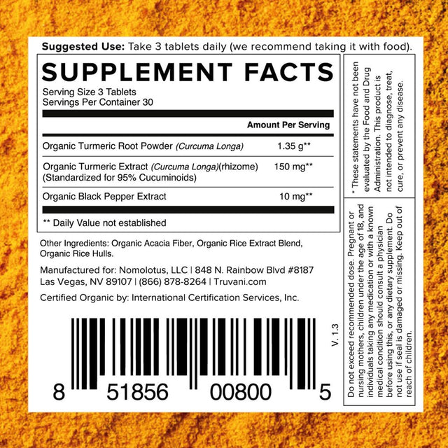 Truvani Organic Turmeric Curcumin Supplement with Black Pepper, 1350Mg, 30Ct