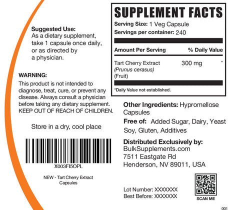 Bulksupplements.Com Tart Cherry Extract Capsules, 300Mg - Heart, Immune, and Vision Support (240 Veg Capsules - 240 Servings)