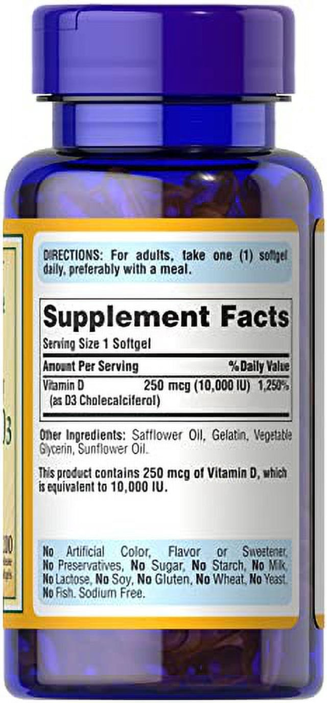 Puritan'S Pride Vitamin D3 250 Mcg (10,000 IU)-200 Softgels, White