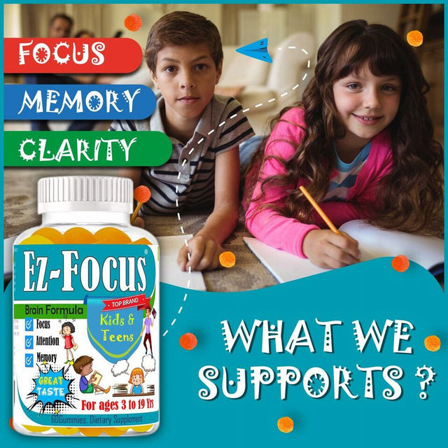 EZ Focus Brain Booster Supplement for Kids & Teens, Support Memory- 60 Gummies